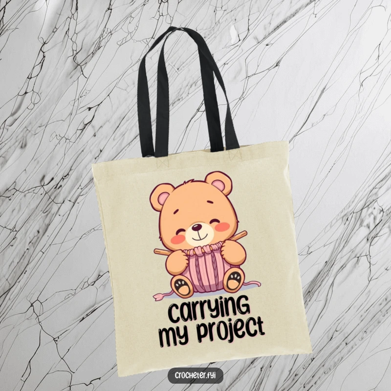 Funny whimsical bear smiling at a nearly finished knitted item, a humorous and practical tote bag.