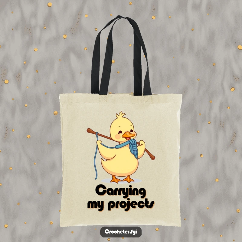Funny tote bag showcasing a focused duck crocheting with yarn and a hook, ideal for yarn lovers on the go.