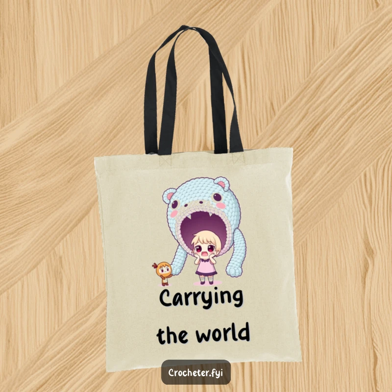 Funny tote bag with a surprised character looking in amazement at a ridiculously large crocheted creation.