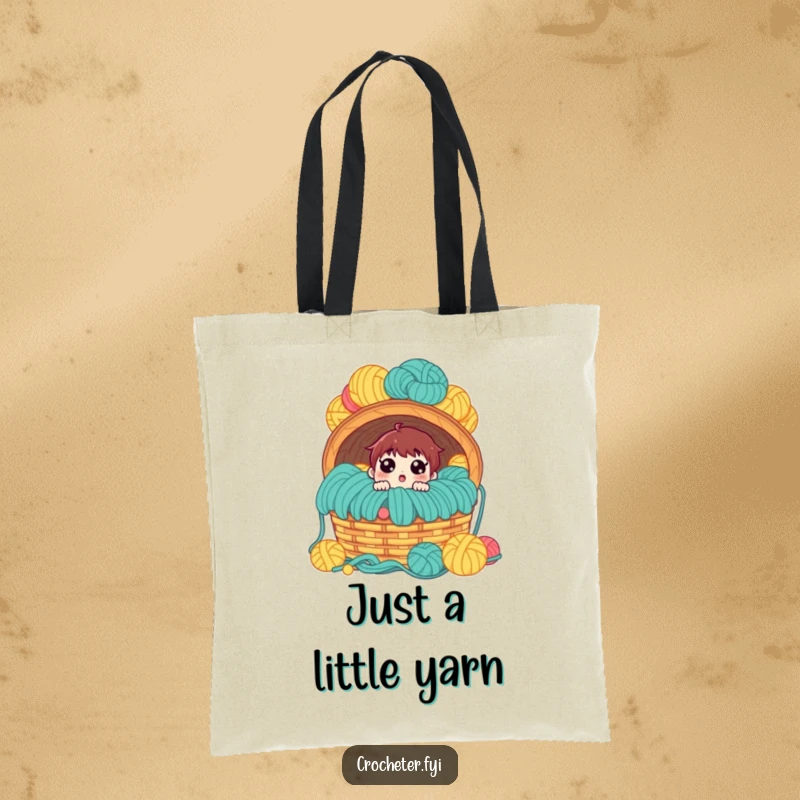 Funny tote bag, surprised character at an enormous yarn basket, practical and humorous gift for knitters.
