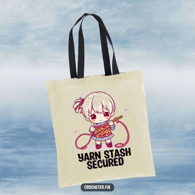 Funny Tote Bag illustrating a focused character expertly crocheting colorful threads with a hook, a functional and humorous accessory.