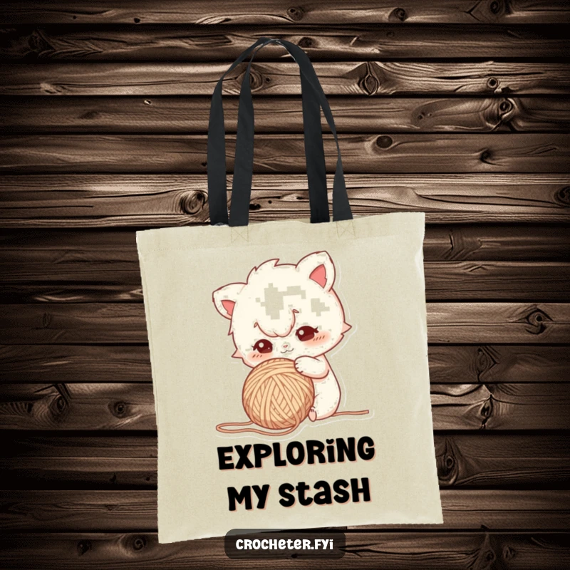 Funny tote bag with a curious character poking a yarn ball, perfect for knitters who love to explore and discover.