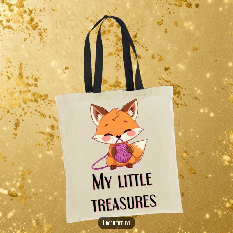 Funny tote bag with a mischievous fox character balancing a ball of yarn on its nose, perfect for carrying daily items.