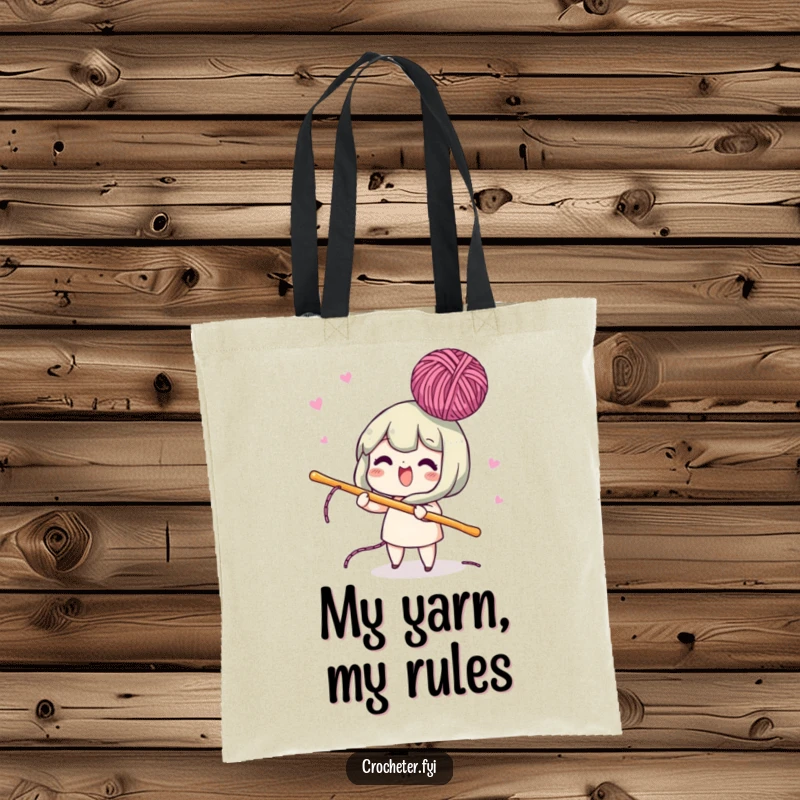 Funny tote bag with a lively character using a crochet hook to bob yarn in the air, perfect for crocheters on the go.