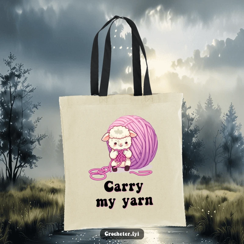 Funny Sheep Tote Bag featuring a small, fluffy sheep character hilariously wrestling with a giant, tangled ball of yarn, a humorous accessory.