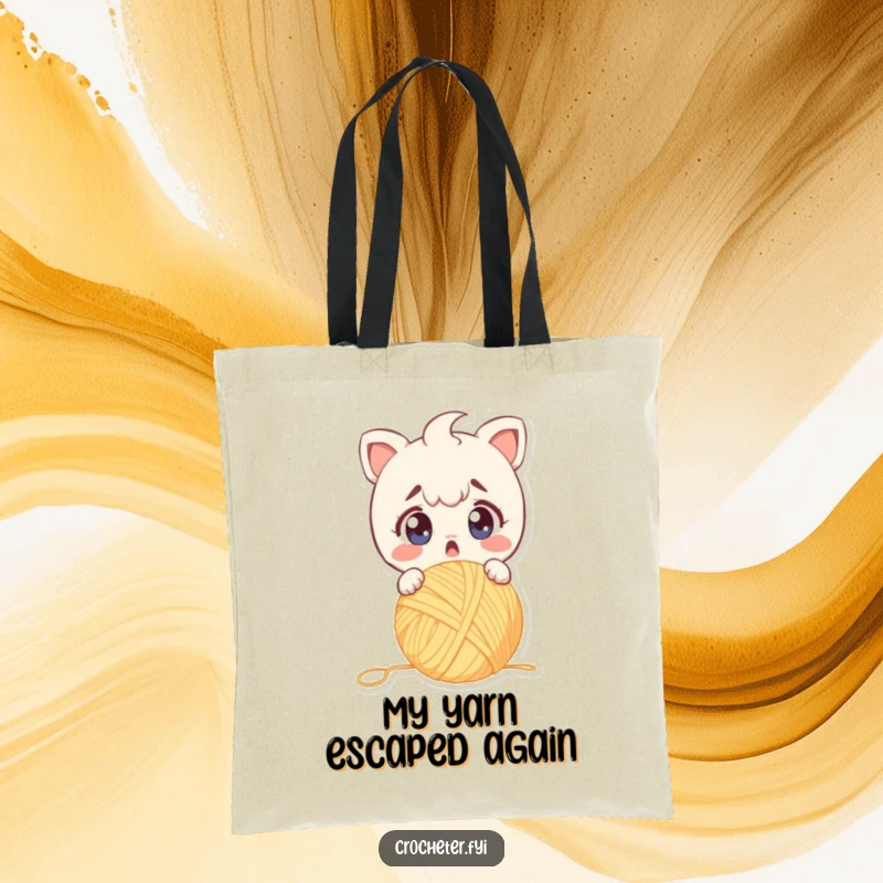 Funny tote bag showing a surprised character dropping yarn, eyes wide with alarm, great for crafty errands.
