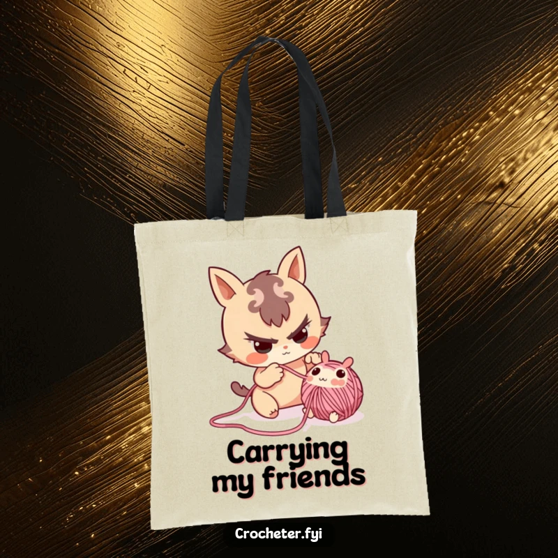 Funny tote bag with a mischievous character playfully extracting a small, cute yarn critter from a project.