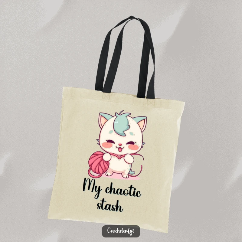 Funny tote bag showcasing a playful character with a mischievous grin tangling yarn into a knot, ideal for carrying crafting supplies.