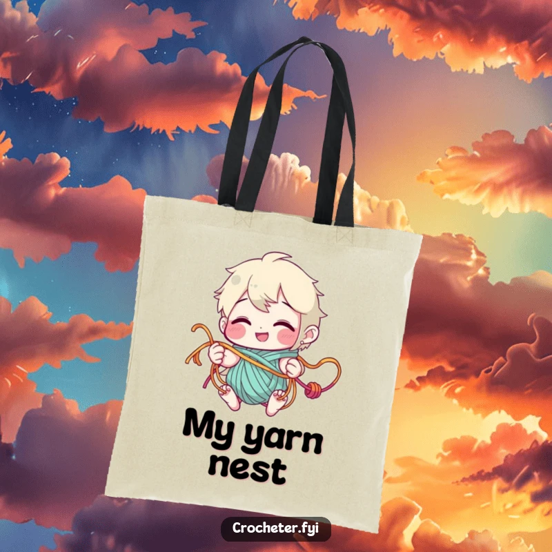 Funny Tote Bag illustrating a character with a big grin, hilariously tangled in colorful yarn strands, ready for any yarn adventure.