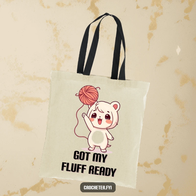 Funny Yarn Play Tote: A playful character gleefully tosses a fluffy ball of yarn, perfect for carrying craft supplies with personality.