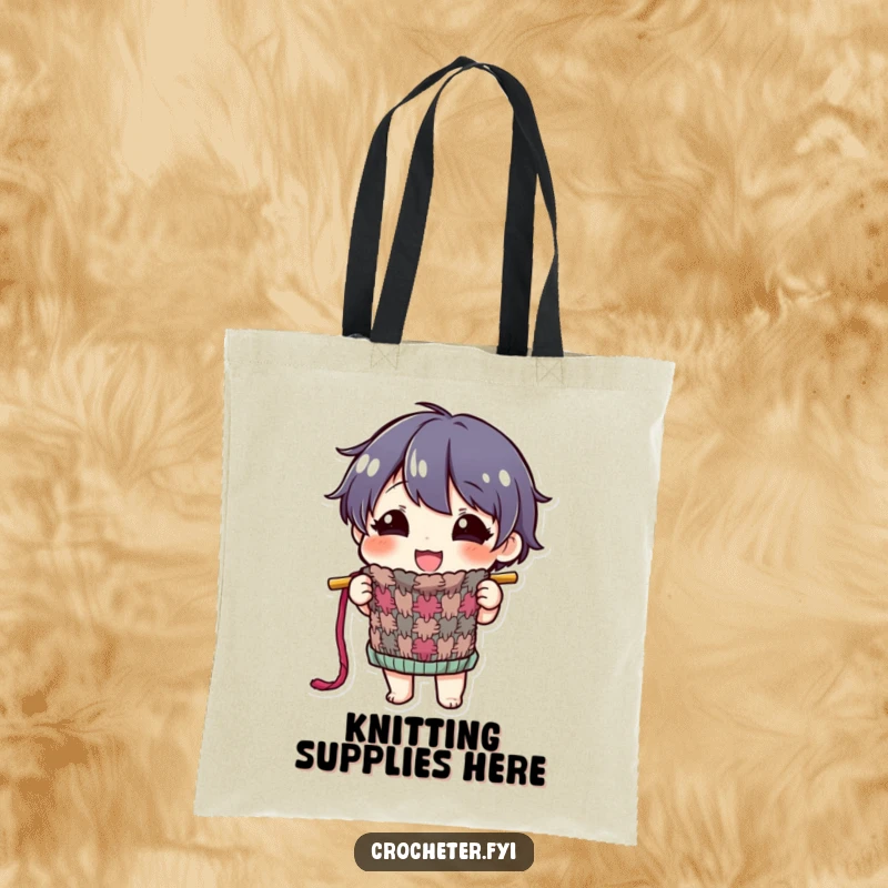 Funny tote bag depicting a happy character proudly displaying a colorful, half-finished knitted item, perfect for carrying projects.