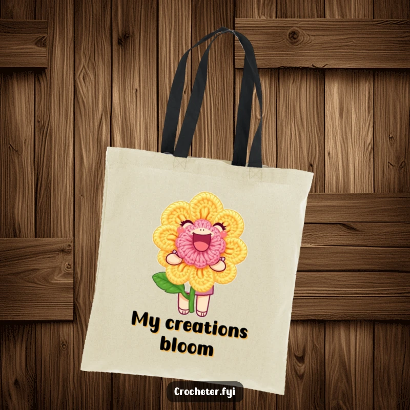 Funny Tote Bag: A joyful character proudly holds a perfect crochet flower, ideal for carrying craft supplies with flair.