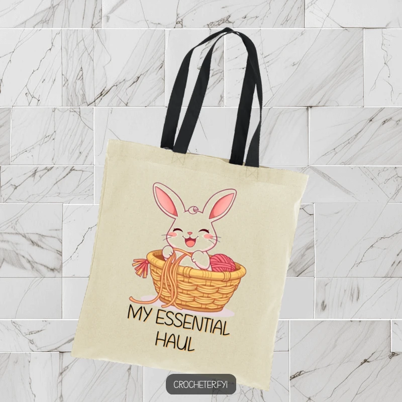 Funny tote bag with a grinning rabbit happily pulling a long string of yarn from a basket, perfect for carrying supplies.