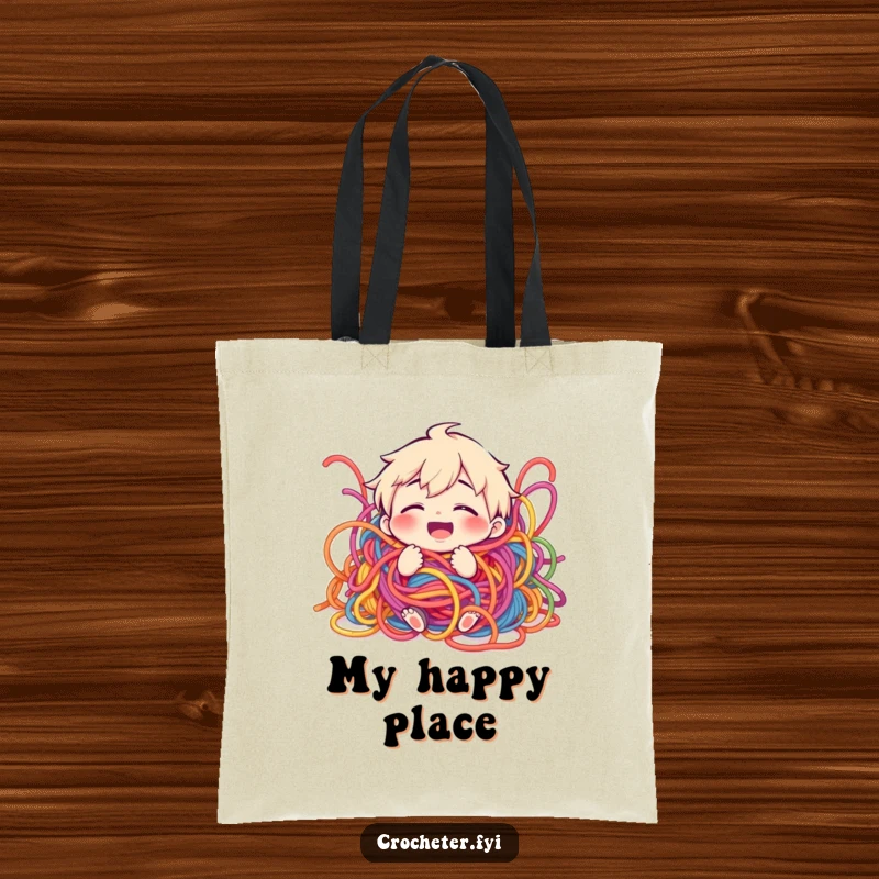 Funny tote bag with a giggling character humorously tangled in a large pile of colorful crafting yarn.