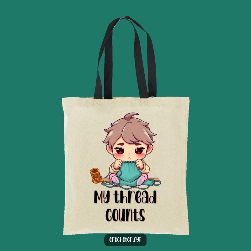Funny Knitting Tote Bag: Determined Character Carrying Yarn and Counting Stitches