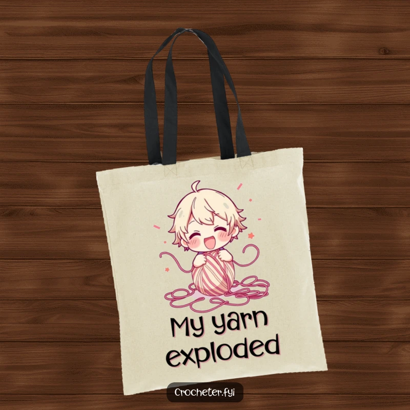 Funny Tote Bag illustrating a character with wide eyes, enthusiastically unraveling yarn and letting it fly, ready for any crafting adventure.