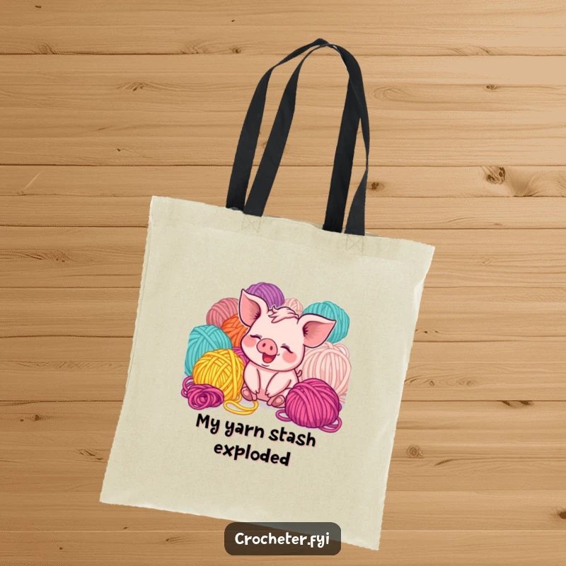 Funny giggling piglet with yarn on a tote bag, perfect for carrying supplies with cute and humorous flair.