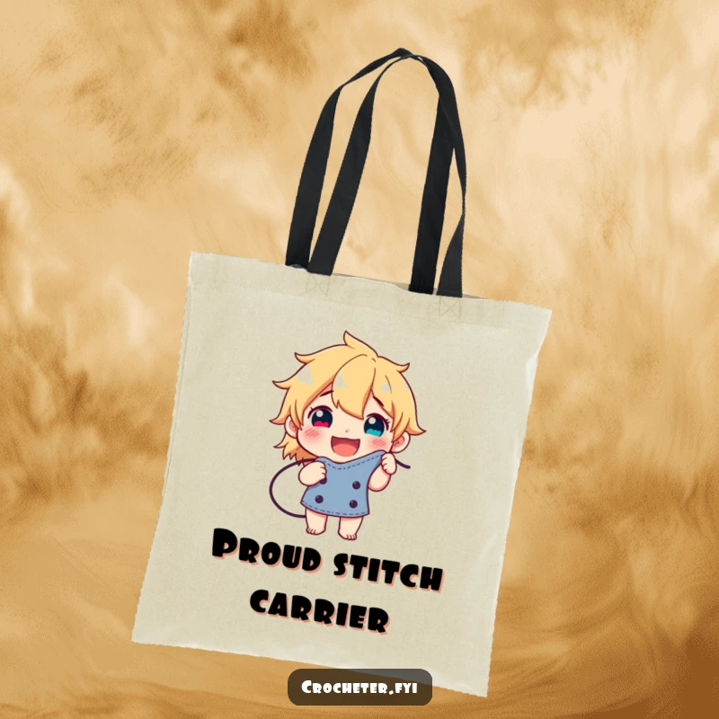 Funny tote bag showcasing a happy character beaming with pride while holding up a flawless stitch, perfect for yarn haul.