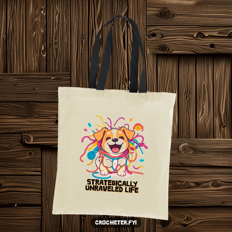 Funny excited dog caught in a vibrant yarn explosion, a humorous and practical tote bag design for dog lovers.