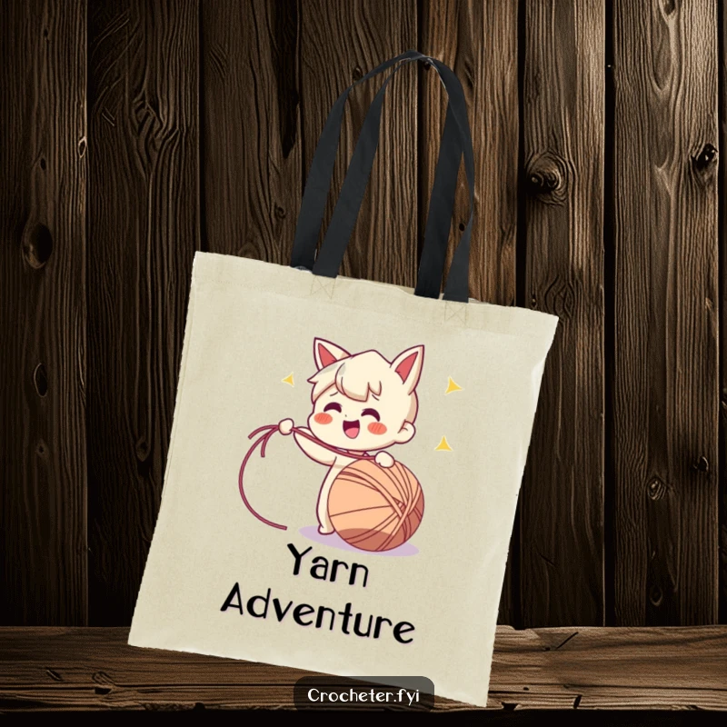 Funny tote bag depicting a cheerful character enthusiastically pulling a long strand of yarn from a ball, perfect for crafters.