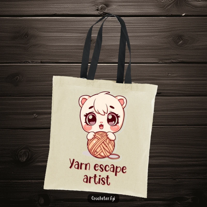 Funny tote bag with a startled character dropping yarn, perfect for knitters needing a stylish and humorous way to carry supplies.